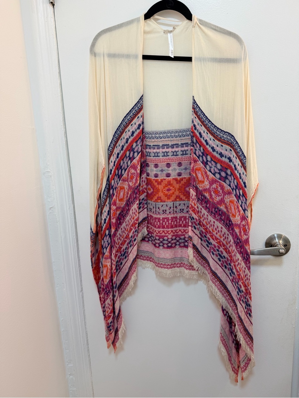 Urban Outfitters Cream Open-Front Kimono with Pink, Purple & Orange Print